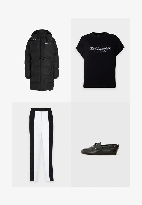 Casaco de inverno longo, acolchoado e preto, com capuz destacável, bolsos frontais, cintura ajustável com cordão e logótipo "Karl Lagerfeld Jeans" no peito.; T-shirt oversized preto, feito de algodão. Possui mangas curtas e um decote redondo. A parte da frente exibe texto branco: "Karl Lagerfeld 21 RUE ST-GUILLAUME PARIS."; Calças ajustadas em preto e branco com painéis contrastantes. O tecido tem uma textura suave; a cintura é plana e ajustada.; Sapatos de barco em pele preta com bico arredondado, atacadores na frente, ilhós de metal e sola plana. Possui uma pequena aba na parte de trás.
