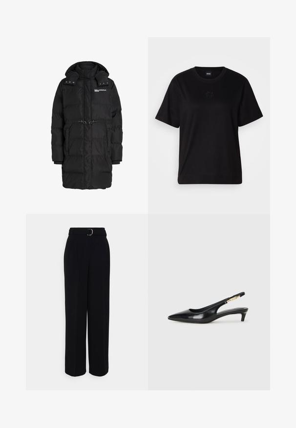 Melnā garā siltinātā ziemas jakā ar noņemamu kapuci, priekšējiem kabatām, ar auklu pa vidu, un "Karl Lagerfeld Jeans" logo uz krūtīm.; Melna kokvilnas T-krekls ar apaļu izgriezumu, īsām piedurknēm un izšūtu logotipu uz krūtīm. Vienkāršs, brīvs piegriezums bez rakstiem.; Melnas pielāgotas bikses ar plašu kāju siluetu, ar jostu ar sudraba sprādzi, krokām un gludu auduma faktūru.; Melnas ādas slingback zābaki ar smailu purngalu, ar šauru papēdi un zelta krāsas akcentu uz regulējama siksniņas. Gluda tekstūra.