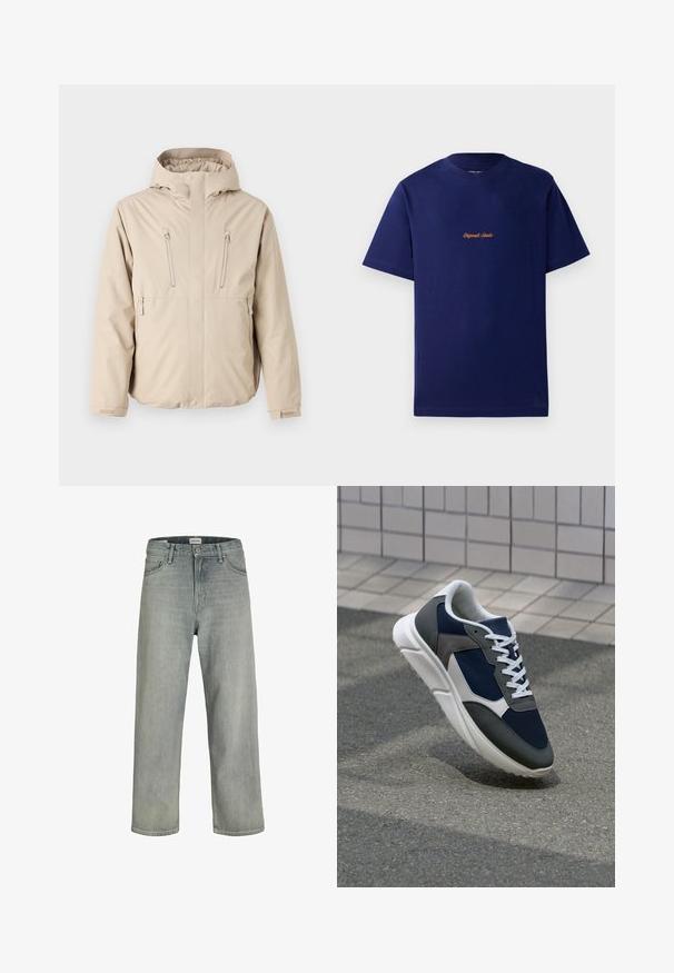 Casaco impermeável bege com capuz, apresentando dois bolsos no peito com fecho éclair e um corte reto. Textura suave, punhos ajustáveis.; T-shirt de algodão azul-marinho com mangas curtas. Apresenta um pequeno logótipo bordado laranja no peito. Design clássico de gola redonda.; Jeans soltos de cor cinza claro feitos de denim. Apresentam um design clássico de cinco bolsos, passadores para cinto e uma silhueta de perna reta.; Sapatilha com parte superior em malha azul-marinho, detalhes em camurça cinza, sola de borracha branca e atacadores brancos planos, projetada para conforto e respirabilidade.