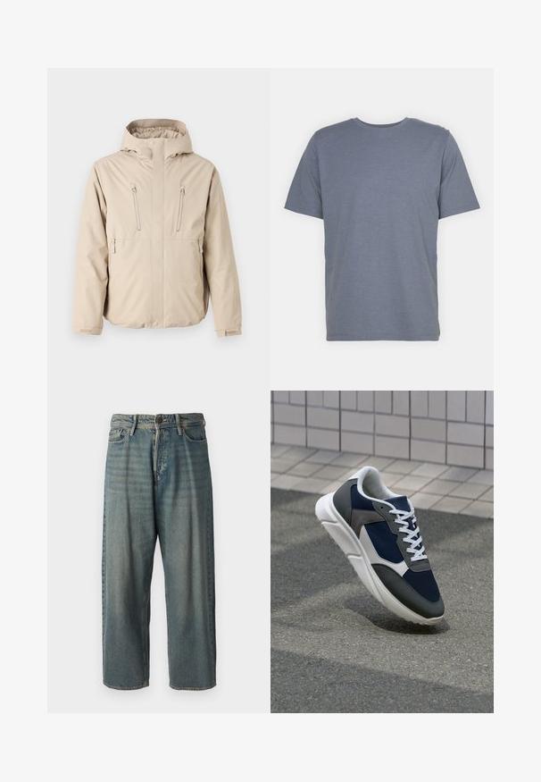 Bež veekindel jakk kapuutsiga, millel on kaks lukuga rinna taskut ja sirge lõige. Sile tekstuur, reguleeritavad mansetid.; Hall hallitusest lühikeste varrukatega T-särk ümmarguse kaelusega, valmistatud pehmest puuvillasegusest kangast. Lihtne disain, ilma mustrite või aktsentideta.; Heledad sinine denim-stiilis teksad, volüümse lõike, keskmise kõrgusega talje ja sirgete säärega. Omab viit taskut, vöökumme ja nööpide sulgemist.; Sneaker, mille sinine võrkkangas, hallid nubukdetailid, valge kummitald ja lamedad valged paelad, disainitud mugavuseks ja hingavuseks.