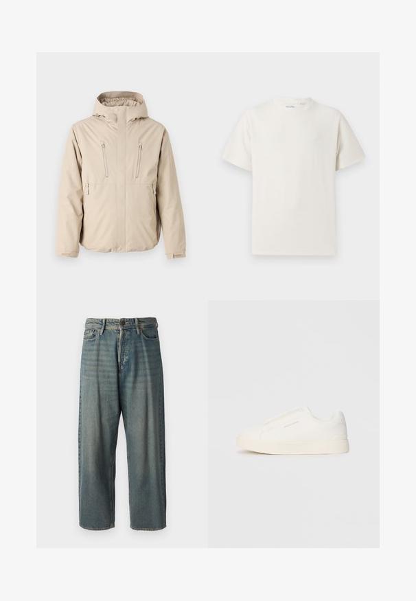 Beige vízálló dzseki kapucnival, két cipzáras mellzsebbel és egyenes szabással. Simább textúrájú, állítható mandzsettákkal.; Fehér, rövid ujjú póló bordázott textúrával. Kerek nyakkivágás, laza szabás, nincs látható minta vagy díszítés. Egyszerű és sokoldalú dizájn.; Világoskék farmernadrág, laza fazonnal, közepes derékbőséggel és egyenes szárral. Öt zsebet, övbucskát és gombos záródást tartalmaz.; Fehér slip-on sportcipők texturált felülettel, vastag talppal és minimalista dizájnnal. Az oldalon a márka logója található.