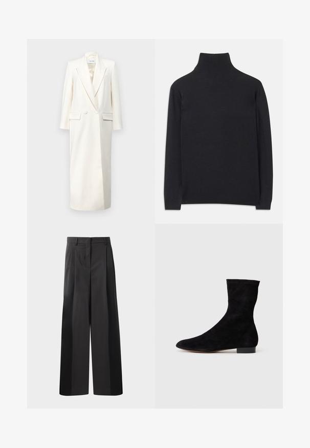Weißes, doppelt geknöpftes Blazer-Kleid mit spitzen Revers, langen Ärmeln und vorderen Taschen; aus strukturiertem Stoff mit glatter Oberfläche gefertigt.; Schwarzer Rollkragenpullover aus weichem Material. Mit langen Ärmeln, einem hohen Kragen und gerippten Bündchen und Saum für einen figurbetonten Look.; Schwarze, weit geschnittene Hose mit hoher Taille, versehen mit Frontfalten, einer glatten Textur und einem maßgeschneiderten Finish. Entworfen für eine lockere Passform.; Schwarze Wildleder-Ankelboots mit einem enganliegenden Schaft, spitzer Zehenform und niedrigem Blockabsatz. Glatte Textur und minimalistisches Design, geeignet für vielseitige Styles.