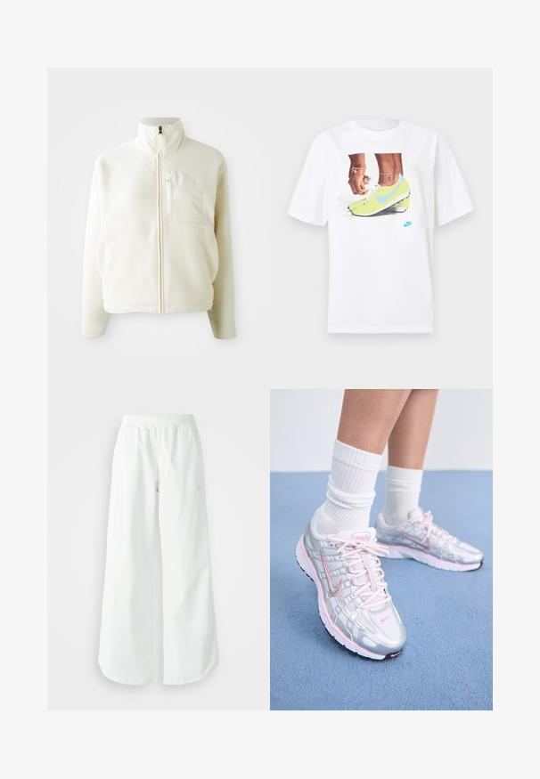 Valge fliisjakk kõrge kraega, täispikkade tõmblukkudega ja rinnataskuga. Pehme tekstuur ja juhuslik disain.; Valge puuvillane T-särk, millel on kollaste Nike jalatsite ja siniste aktsentidega jalgade graafika, kombineeritud vasakul randmel oleva käevõruga.; Valged laiad spordipüksid, ribadega vöökoht ja diskreetne logosümbol. Sile kangas, lõdvestatud istuvus ja kitsenev ääreosa.; Nike jooksujalad, millel on hõbedane võrgupealne koos roosade detailidega, valged paelad ja tekstureeritud tald. Kandmine valgete puuvillaste spordisokkidega.