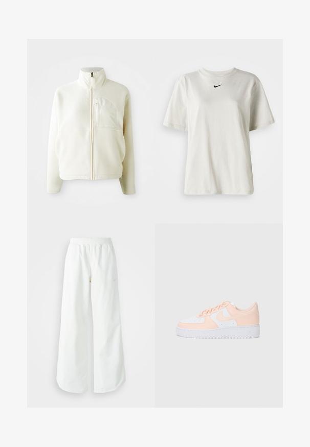 Valge fliisjakk kõrge kraega, täispikkade tõmblukkudega ja rinnataskuga. Pehme tekstuur ja juhuslik disain.; Valge puuvillane T-särk, millel on ümmargune dekoltee ja lühikesed varrukad. Rinnal on väike must Nike logo. Lihtne ja kaunistusteta disain.; Valged laiad spordipüksid, ribadega vöökoht ja diskreetne logosümbol. Sile kangas, lõdvestatud istuvus ja kitsenev ääreosa.; Nike Air Force 1 tossud omavad valget nahast ülemist osa pehmete roosade aktsentidega. Kummist tallal on tekstuur, et tagada haarduvus. klassikaline disain ja paeltega sulgemine.