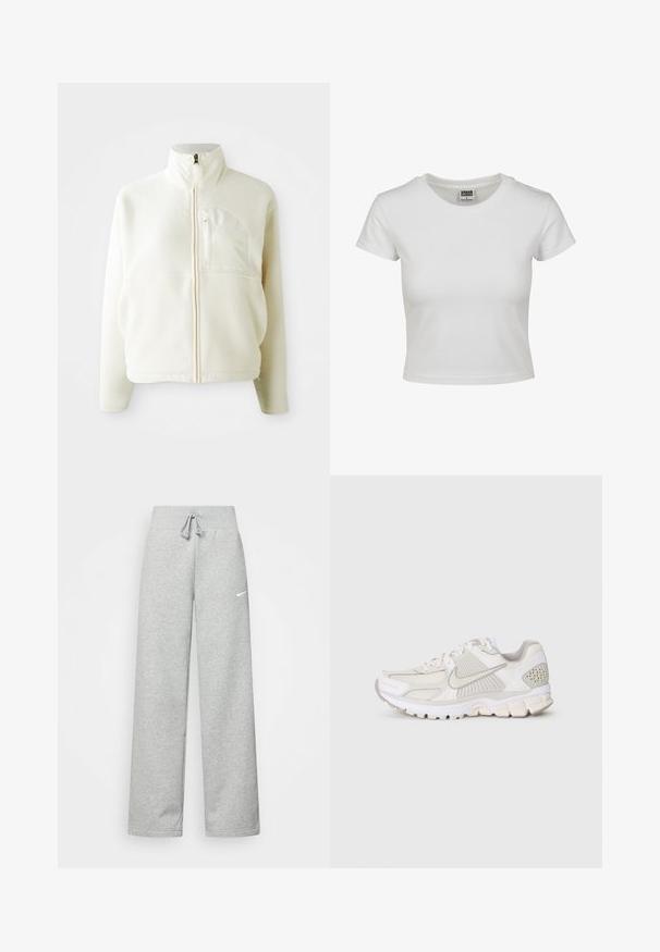 Bijela jakna od flisa s visokim ovratnikom, punim zatvaranjem na zip i džepom na prsima. Mekana tekstura i ležeran dizajn.; Bjela pamučna majica s klasičnim okruglim izrezom, kratkim rukavima i prilagođenim oblikom. Nema vidljivih uzoraka ili akcenta.; Sive trenirke s elastičnim pojasom, detaljem za vezanje, i malim bijelim Nike logom na lijevom bedru. Mekana tkanina, širokog kroja.; Bijela atletska cipela od mrežastih i sintetičkih materijala. Ima teksturirani dizajn, podstavljeni ovratnik i geometrijske akcentne detalje na peti.