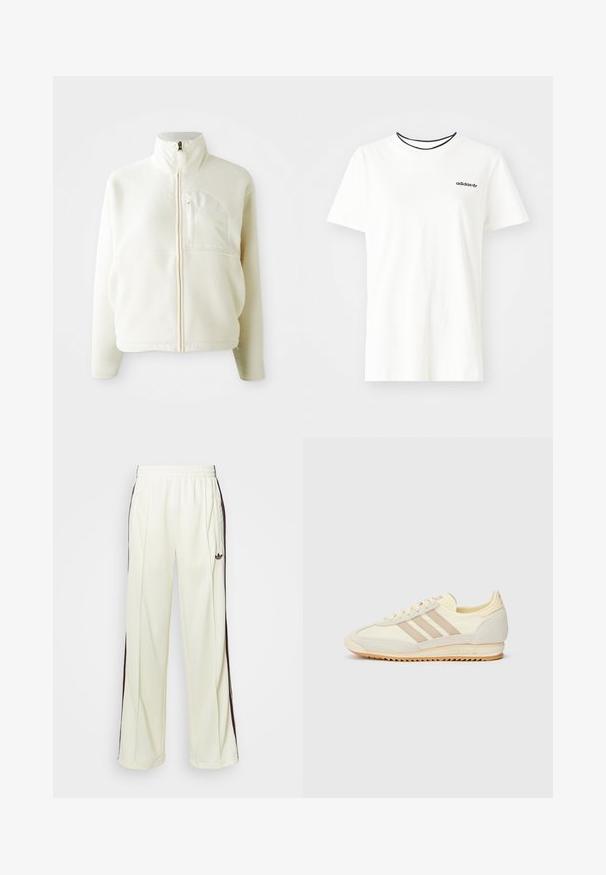 Bílá fleecová bunda s vysokým límcem, plným zipem a náprsní kapsou. Měkká textura a ležérní design.; Bílý bavlněný tričko s krátkými rukávy a kulatým výstřihem. Má černé logo Adidas na hrudi a kontrastní černý vnitřní límeček.; Krémové tepláky s uvolněným střihem, se šněrováním v tmavě hnědé barvě na bocích a vyšitým logem na levém stehně.; Krémové sportovní tenisky s třemi béžovými pruhy, z velurové a textilní materiály, s texturovanou podrážkou a embosovaným logem na patě.