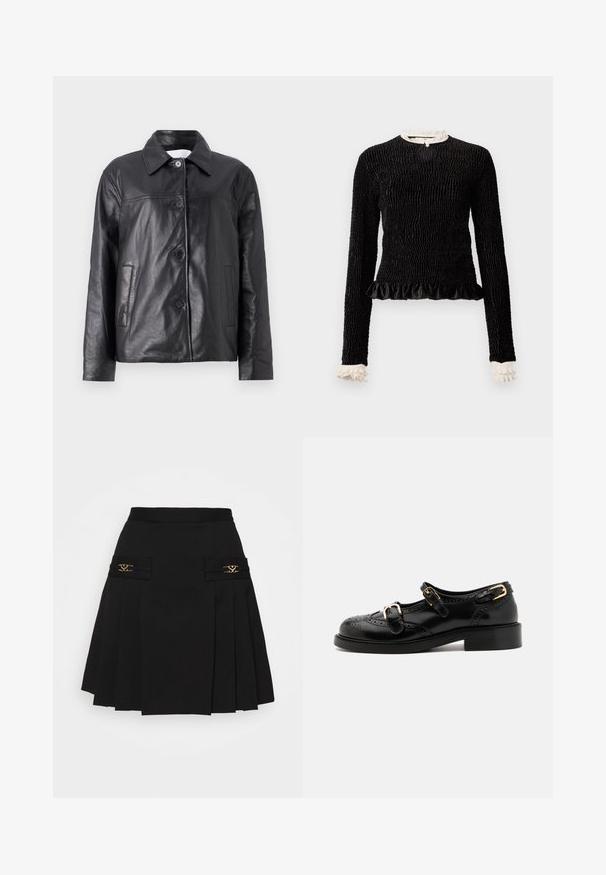 CLOSED STRAIGHT JACKET - Lederjacke - black; Schwarzes Langarmoberteil aus strukturiertem Stoff mit gerafftem Saum und weißen Rüschendetails am Kragen und an den Ärmeln. Verfügt über einen zentralen Schlaufenverschluss.; Schwarzer gefalteter Rock mit goldenen Hardware-Details. Verfügt über Seitentaschen mit Logo-Details und ist aus glattem Material gefertigt. A-Linien-Silhouette.; Schwarze Lederschuhe mit Broguedetails, ausgestattet mit zwei Schnallenriemen, einer abgerundeten Zehenpartie und einem flachen Absatz. Glatte Textur mit glänzendem Finish.