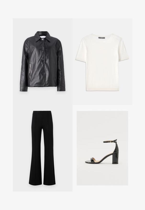 CLOSED STRAIGHT JACKET - Kožnata jakna - black; Bijela kratkotrajna pletena majica s kratkim rukavima i okruglim izrezom, koja se odlikuje glatkom teksturom i suptilnim rebrastim detaljima na rukavima i rubu.; Crne siraste hlače visokog struka, izrađene od rastezljivog materijala. Imaju vertikalne šavove sprijeda i glatku teksturu.; Crne lakirane sandale s širokim potpeticama, otvorenim prstima i remenom oko gležnja s zlatnom kopčom. Glatka tekstura i elegantan dizajn.