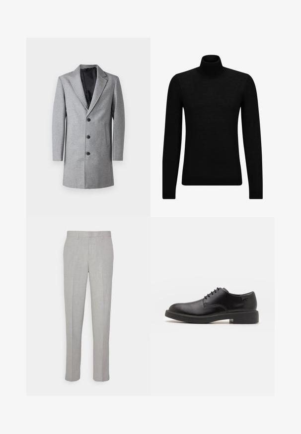 Grå ullfrakk med notched lapel, enkel knapplukkning, og to sidelommer. Glatt svart fôr og skreddersydd fasong.; Svart genser med høy hals laget av mykt materiale, med lange ermer og en tettsittende passform. Ribbestrikket kant nederst og ved ermene. Enkelt design.; Lys grå bukser med en glat tekstur, flad front og lige ben. Fremstillet af åndbart stof og med indvendige lommer og bæltesløjfer.; Svart lær snøre sko med rund tå, glatt tekstur, minimal søm, og lav gummihæl. Logo på hælen.