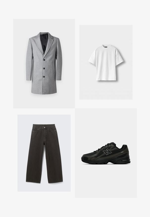 Šedý vlněný kabát s klopovým límcem, jednobuttonovým zapínáním a dvěma bočními kapsami. Hladká černá podšívka a byť střižená silueta.; Bílý bavlněný tričko s krátkým rukávem, kulatým výstřihem a volným střihem. Hladká textura, žádné vzory ani akcenty.; Olivově zelená bunda vyrobená z bavlny s knoflíkovým zapínáním, špičatým límcem a čtyřmi kapsami. Má volný střih a měkkou texturu.; Džíny s širokými nohavicemi černé barvy mají vysoký pas, design s pěti kapsami a zapínání na knoflíky. Tkanina má jemný a strukturovaný povrch.; Černé sportovní boty se strukturovaným syntetickým svrškem, které mají polstrovanou podrážku a výrazné logo "N" na boku. Design zahrnuje lehké síťované sekce.