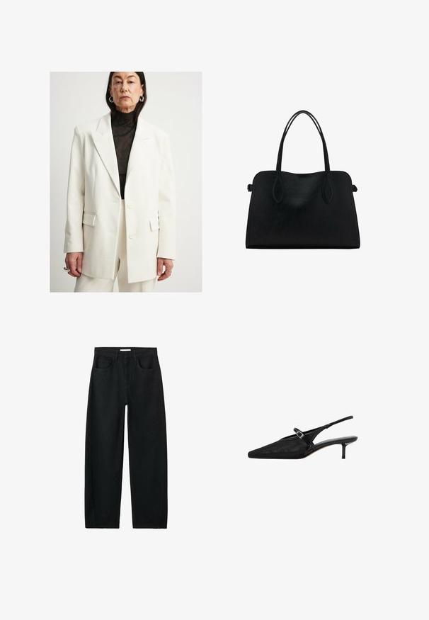 Vit oversized blazer med slag, två knappar och två framfickor, lager på en svart strukturerad topp. Minimalistisk design.; Svart t-shirt med rund halsringning tillverkad av mjuk bomull. Korta ärmar, avslappnad passform och rak fåll utan utsmyckningar eller mönster.; Svarta jeans med hög midja och raka ben, framfickor, bältesringar och synliga sömmar mot en vit bakgrund.; Svarta slingback-klackar med spetsiga tår, texturerat mesh-övre, smal justerbar rem med silverspänne och 5 cm stilettklackar.; Svart läderhandväska med dubbla axelremmar, rektangulär form och minimalistisk design på vit bakgrund.; Klart och bärnstensfärgade ringar av resin, en slät och transparent, den andra med en strukturerad bärnstensfinish. Båda har rundade, kraftiga design.