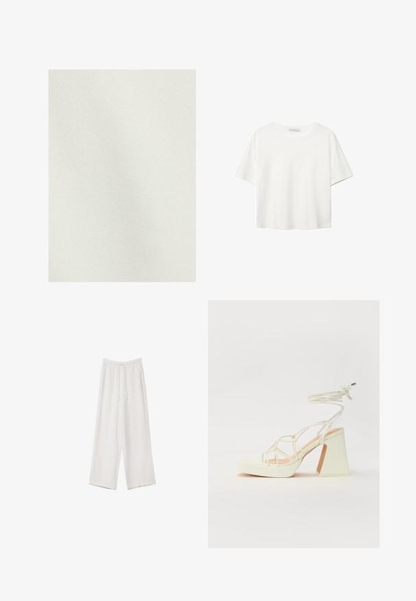 Svijetlo bež tkanina s glatkom, teksturiranom površinom. Jednolika boja bez vidljivih uzoraka ili naglasaka.; Bijela majica kratkih rukava od pamuka. Ima okrugli izrez i opušteni kroj. Glatka tekstura bez vidljivih uzoraka ili naglasaka.; Bijele hlače širokih nogavica napravljene od lagane tkanine. Imaju elastičan pojas s ušicom i bočne džepove. Glatka tekstura.; Bijela sandala na visokoj potpetici s debelim petom, s remenom i vezanjem oko gležnja. Glatka tekstura s platformom sprijeda za dodatnu visinu.