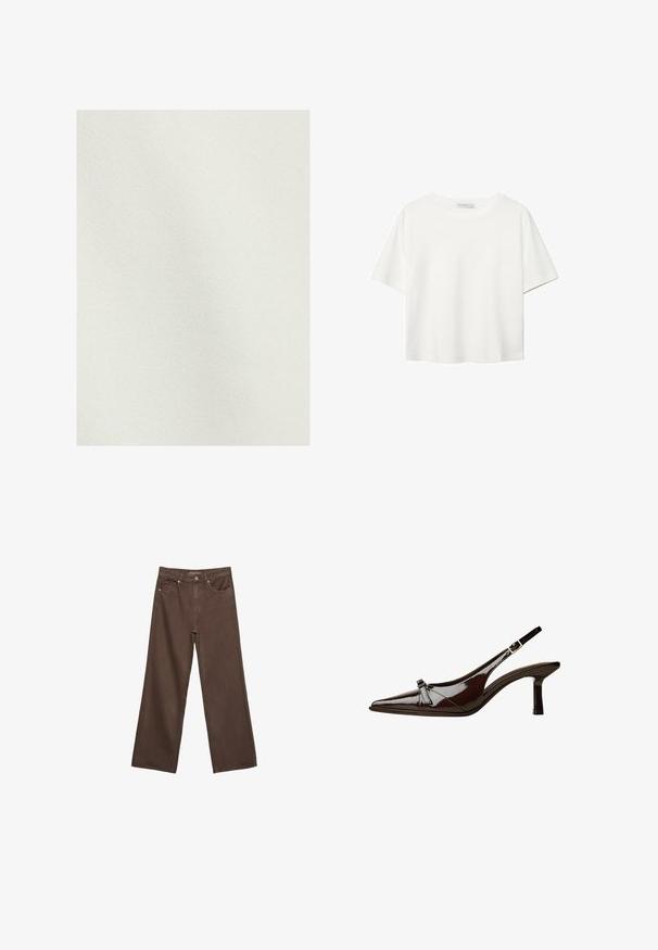 Lys beige stof med en glat, struktureret overflade. Ensartet farve uden synlige mønstre eller accenter.; Hvid kortærmet t-shirt lavet af bomuld. Har en rund halsudskæring og en afslappet pasform. Glat tekstur uden synlige mønstre eller detaljer.; Bredde ben brun denim jeans med høj talje, forlommer og klassisk knaplukning. Glat tekstur med diskret syninger.; Brun patentlæder slingback sko med spids tå, lav hæl og en dekorativ sløjfe foran. Glat, skinnende tekstur.