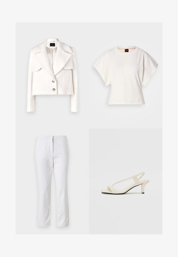 Bruuns Bazaar GAZANIABBNOVIS JACKET - Giacca invernale - white cream; T-shirt bianca cropped, maniche corte e larghe, tessuto di cotone morbido, scollatura rotonda con bordino arancione sottile, design minimale, senza motivi o grafiche.; Pantaloni bianchi in cotone con design a gamba dritta, caratterizzati da una vita a media altezza e senza hardware o motivi visibili. Tessuto liscio su tutta la superficie.; Sandali con tacco a blocco beige, con sottili cinturini e punta quadrata. Materiale liscio con dettagli minimi, progettati per un facile utilizzo.