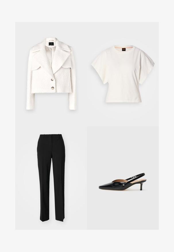 Bruuns Bazaar GAZANIABBNOVIS JACKET - Winter jacket - white cream; White cropped T-shirt, short wide sleeves, soft cotton material, round neckline with subtle orange trim, minimal design, no patterns or graphics.; Black tailored trousers with a straight-leg design, featuring a smooth texture and crisp creases along the front. No visible hardware.; Black patent leather slingback pump with a pointed toe, small heel, and a cutout design on the vamp. Gold-tone hardware accent on the side.