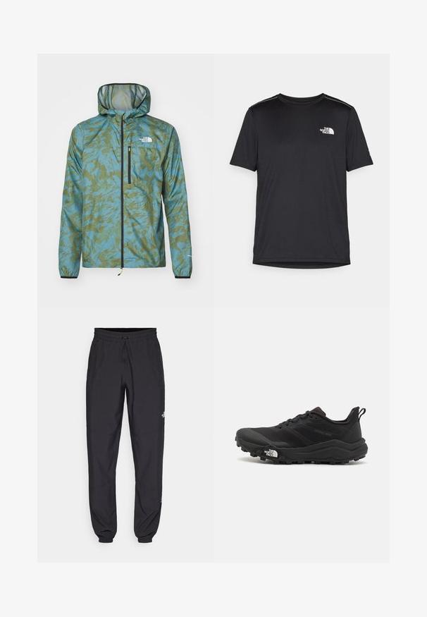 The North Face HIGHER RUN JACKET - Neperpučiamoji striukė - algae blue; Juodas trumpas rankovės marškinėliai, pagaminti iš lengvos medžiagos. Yra mažas baltas logotipas kairiajame krūtinės pusėje ir subtilūs pečių akcentai.; Juodos sportinės kelnės, pagamintos iš lengvos medžiagos, su raišteliu liemens srityje, šoniniais kišenėmis ir siaurėjantys apykaklės prie kulkšnies.; Juoda bėgimo batai su tekstūruotu paviršiumi, guma padais ir sustiprinta pirštų dalimi. Yra paminkštinta apykaklė ir kilpos, leidžiančios lengvai užsidėti.