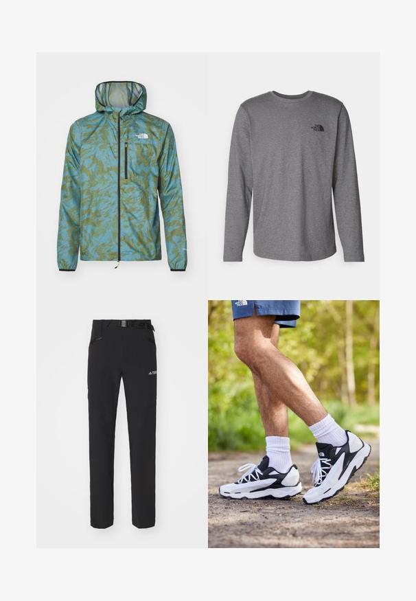 The North Face HIGHER RUN JACKET - Windjack - algae blue; The North Face M L/S SIMPLE DOME TEE - Longsleeve - medium grey heather; Zwarte outdoorbroeken van gladde stof, met zijzakken met rits, verstevigde knieën en een verstelbare tailleband met een gesp.; Zwart-witte sportschoenen met een mesh bovenkant, tekstuuraccenten en witte veters. Draag gedragen met witte enkelsokken en marineblauwe shorts op een pad.