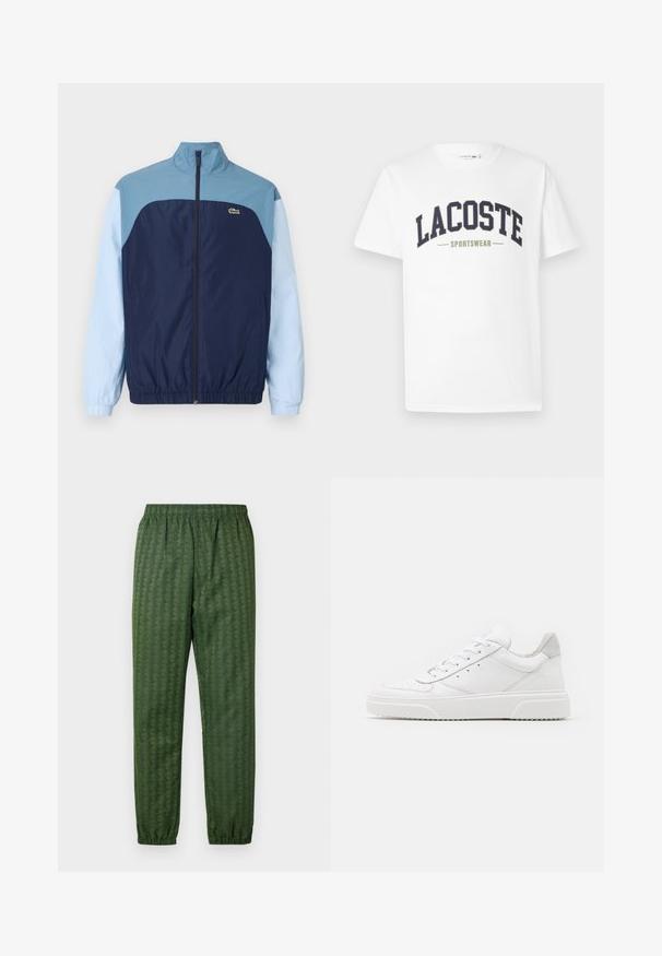 Marineblaues und hellblaues Windbreaker-Jacke mit hohem Kragen, durchgehendem Reißverschluss, elastischen Bündchen und dem Lacoste-Logo auf der Brust.; Weißes T-Shirt aus Baumwolle mit einem in gebogener Form auf der Brust gedruckten Logo "LACOSTE SPORTSWEAR" in Marineblau und Olivgrün.; Grüne Sporthose mit Muster, elastischem Bund, schmal zulaufenden Beinen und durchgehend geometrischem Design. Hergestellt aus leichtem Material.; Weiße Leder-Sneaker mit glatter Oberfläche, rundem Zehenbereich, flachen Schnürsenkeln und strukturiertem Schuhsohlen. Graues Wildleder-Detail an der Ferse.