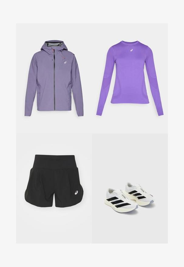 Lila, leichte Jacke mit Kapuze, Frontreißverschluss und seitlichen Taschen. Mit roten Akzenten und einem Logo auf der Brust. Glatte Textur.; Langärmliges Sportoberteil aus leicht lila Stoff, mit einer figurbetonten Passform, rundem Halsausschnitt und subtiler Textur sowie Logodetail auf der Brust.; Schwarze Sportshorts mit einem breiten Bund, plissiertem Design und einem kleinen weißen Logoakzent auf der unteren linken Seite. Weiches, leichtes Material.; Weiße Sportschuhe mit schwarzen Streifen und Branding, ausgestattet mit einem oberen Mesh, abgerundeter Zehenpartie und dicke cremefarbene Sohle für Dämpfung.