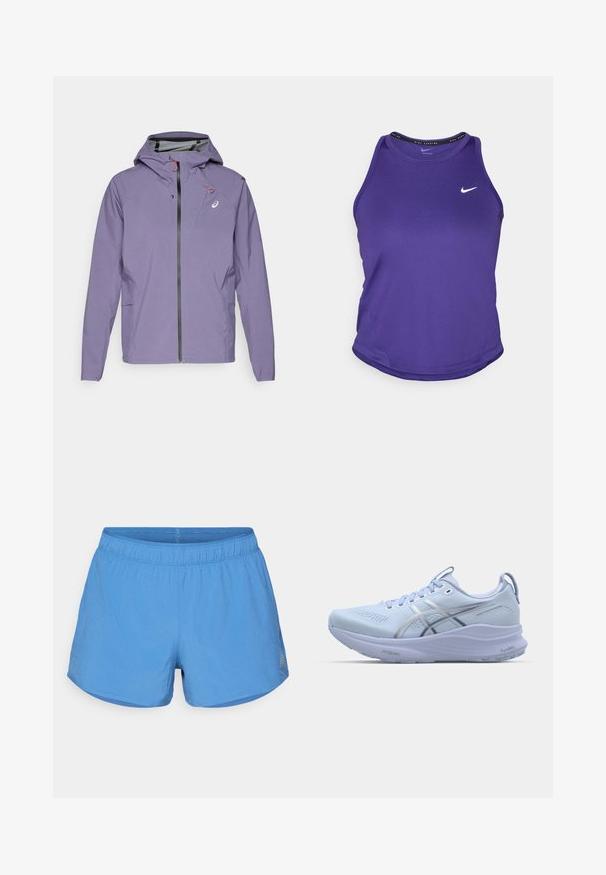 Jachetă ușoară violetă cu glugă, fermoar frontal și buzunare laterale. Prezintă accente roșii și un logo pe piept. Textură netedă.; Top sportiv violet dintr-un material neted, cu decolteu rotund. Prezintă un logo Nike alb pe piept și o linie de jos curbată.; Pantaloni scurți atletici de culoare albastră, fabricați dintr-un material respirabil, având o talie elastică și o finisare netedă. Textură perforată pentru ventilație.; Adidași de alergare de culoare albastră deschisă, cu partea superioară din plasă, accente reflectorizante argintii, o talpă cushioned și un tread din cauciuc texturat pentru aderență.