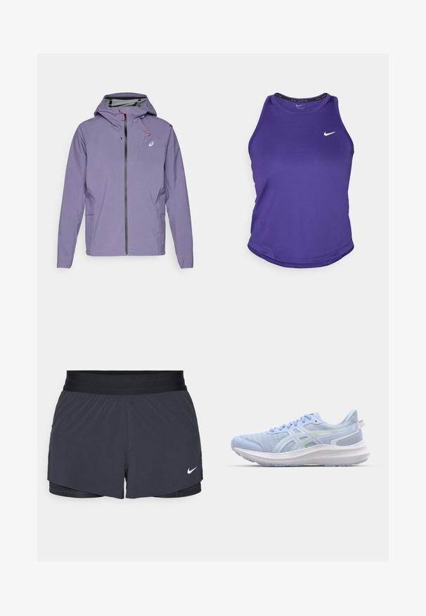 Paarse lichtgewicht jas met capuchon, voorrits en zijzakken. Bevat rode accenten en een logo op de borst. Gladde textuur.; Paarse sportieve tanktop van soepel materiaal met een ronde hals. Heeft een wit Nike-logo op de borst en een ronde onderrand.; Zwarte sportshorts met een elastische tailleband, met een gelaagd ontwerp en een klein wit Nike-logo aan de onderkant links. Lichtgewicht materiaal.; Lichtblauwe sport schoen met een bovenwerk van mesh, limoen groene accenten, een gestructureerde zool en een gewatteerde witte tussenzool, ontworpen voor comfort en ondersteuning.