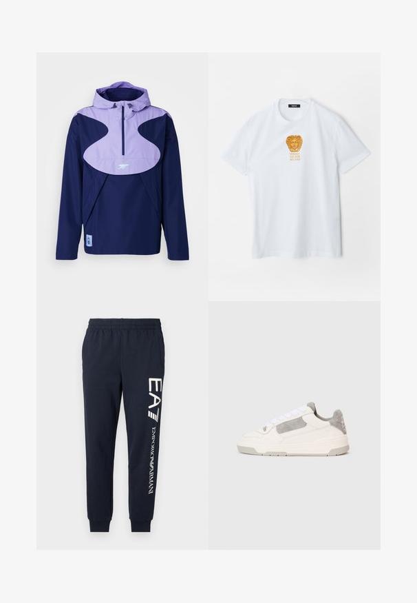 adidas Performance ARSENAL LONDON SZN HALFZIP WINDBREAKER - Klubové oblečenie - night sky; Biela tričko s krátkym rukávom so zlatým logom hlavy Medúzy a textom "Versace Est. 1978 Milano" centrálne umiestneným na hrudi.; Námornícke modré bavlnené jogger nohavice s elastickým pásom, zúženými nohami a kontrastnými bielymi logami EA7 a Emporio Armani potlačenými po boku.; Biele a svetlo šedé nízkoprofilové tenisky s bielymi šnúrami a suédé detailmi, zobrazené zo strany na jednoduchom svetlom pozadí.