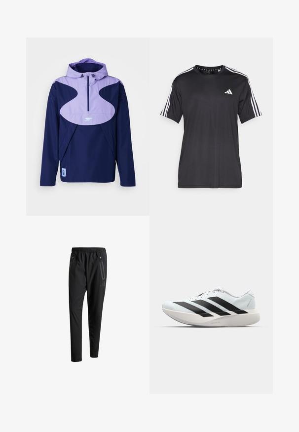 adidas Performance ARSENAL LONDON SZN HALFZIP WINDBREAKER - Club wear - night sky; Black short-sleeve t-shirt with white three-stripe design on shoulders and logo on the chest. Made from breathable fabric, smooth texture.; Black athletic pants with an elastic waistband, two zippered side pockets, tapered legs, and a subtle logo detail on the hip.; Lightweight running shoes in pale blue with black stripes. Features a smooth upper, round toe, and thick white midsole labeled "LIGHTSTRIKE PRO."