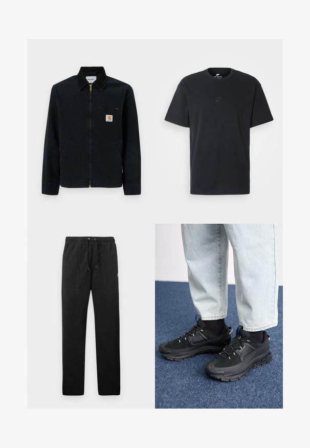 Juodas švarkas su velveto apykakle, priekyje užtrauktukas ir krūtinės kišenė. Kairėje pusėje yra Carhartt logotipo užtrauktukas.; Juodas medvilninis Nike marškinėliai su klasikinėmis apykaklėmis, trumpomis rankovėmis ir subtiliu, įspaustu logotipu ant krūtinės. Sklandus tekstūra.; Juodos vilnonės kelnės su elastiniu juosmeniu ir raišteliais, dviem priekinėmis kišenėmis ir maža slogo ant šlaunies.; Juodi sportiniai bateliai su tekstūruota medžiaga ir guminiais padais, su elastingomis raišteliais ir mėlynu akcentu ant kulno. Dėvimi su šviesiai mėlynomis džinsinėmis kelnėmis.