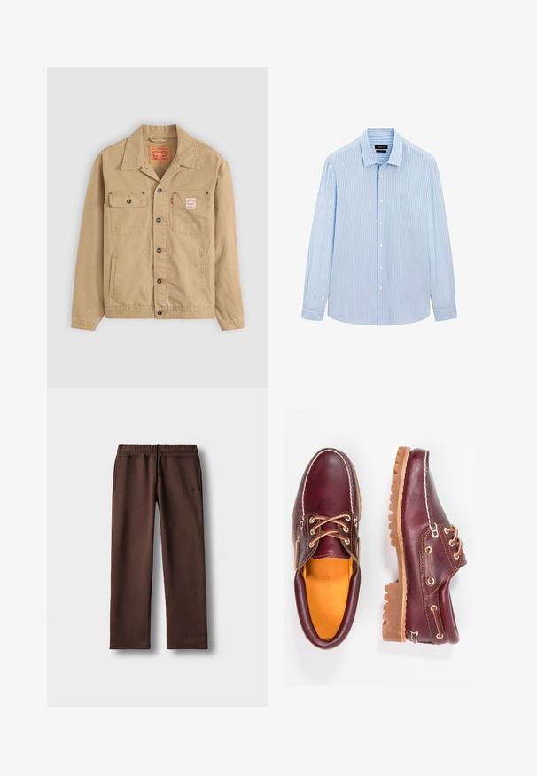 Levi's® Workwear SUNRISE TRUCKER - Džínová bunda - tiger's eye; Světle modrá košile na knoflíky s vertikálními bílými pruhy, dlouhými rukávy, límcem a rovním lemem. Směs bavlny.; Hnědé tepláky vyrobené z měkké tkaniny, s elastickým pasem, detaily šňůrky a bočními kapsami. Jednoduchý, rovný střih.; Burgundské kožené boty s hnědými gumovými podrážkami, kulatou špičkou, bílým prošíváním a zlatými očky. Interiér obsahuje žlutou podšívku.