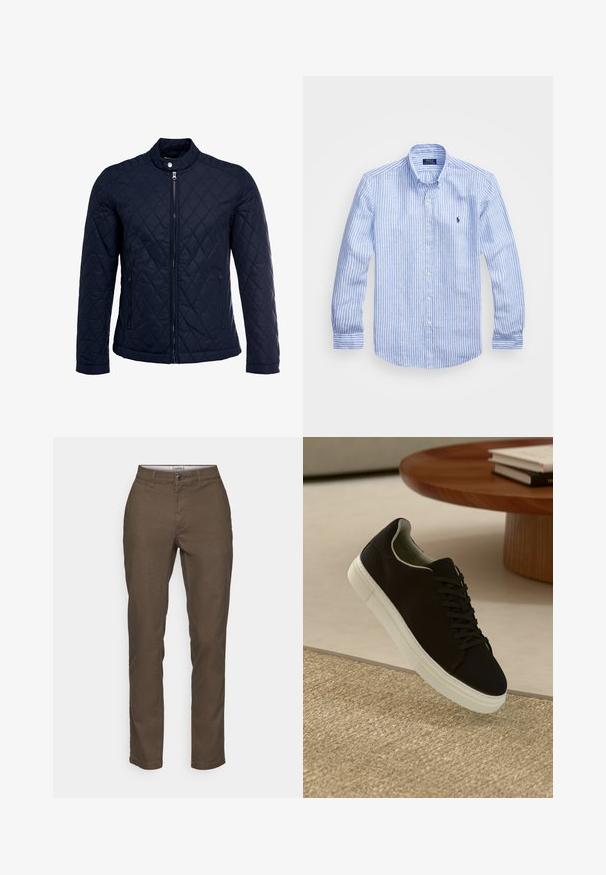 Marineblå quiltet jakke med ståkrave, fuld lynlås foran og to sidelommer. Materialet har en glat tekstur med diamantmønstre.; Blå og hvid stribet langærmet skjorte lavet af bomuld, med knap-ned krave, frontknapper og et lille broderet logo på brystet.; Jack & Jones JPSTMARCO JJDAVE NOOS - Chino - wren; Sort sneaker med hvid sål svævende over en beige tekstureret tæppe nær et rundt trætabel med stablede bøger.