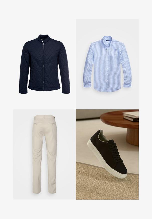 Navy quilted jacket featuring a stand-up collar, full front zip, and two side pockets. Material has a smooth texture with diamond patterns.; Blue and white striped long-sleeve shirt made of cotton, featuring a button-down collar, front buttons, and a small embroidered logo on the chest.; Beige trousers with a smooth texture, straight cut, two back pockets with buttons, and a standard waistband.; Black sneaker with white sole floating above beige textured rug near round wooden table with stacked books.