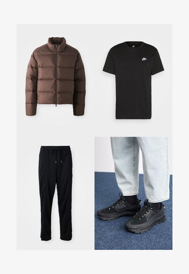 Brun puffjacka med hög krage och framzipper, som har horisontella kviltade sektioner och elastiska ärmslut för värme.; Svart bomullströja med korta ärmar, rund hals och en liten vit Nike-logotyp på övre vänstra bröstet. Slät textur. Klassisk passform.; Svarta byxor med dragsko i midjan, avslappnad stil, med sidfickor och rak benklippning på en plain bakgrund.; Svarta sportskor med texturerat tyg och gummisulor, med elastiska snörningar och en blå detalj på hälen. Bärs med ljusa jeans.
