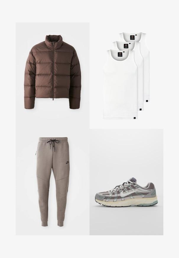 Jachetă puffer maro cu guler înalt și fermoar frontal, având secțiuni quilted orizontale și manșete elastice pentru căldură.; Trei maieuri albe ribbate din bumbac. Au un guler rotund și etichete negre mici lângă tiv. Disponibile în mai multe mărimi.; Pantaloni de trening gri Nike cu un braț de strângere la talie, picioare conice, buzunare laterale și detalii de cusătură distincte. Material moale, texturat.; Pantofii sport gri sunt realizați dintr-un amestec de plasă și piele întoarsă, cu accente albe, o talpă bine îmbrăcată și un design distinctiv cu elemente reflectorizante.