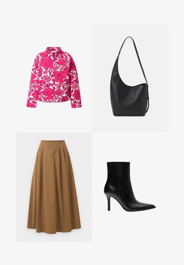 Kukkakuvioinen tikattu takki, jossa on pystykaulus ja etuvetoketju. Ominaisuuksiin kuuluvat kirkkaan vaaleanpunainen ja valkoinen kukka-aita sekä kaksi etutaskua ja pitkät hihat.; Oliivivihreä lyhyt neuletakki pitkillä hihoilla, valmistettu pehmeästä materiaalista. Varustettu ribbireunuksilla kauluksessa ja helmassa. Kaarnahtava pinta kauttaaltaan.; Ruskea puuvillainen A-linjainen hame korkealla vyötäröllä, jossa on laskokset edessä ja sileä pinta. Helma on viimeistelty siististi ja yksinkertaisesti.; Mustat nahka nilkkurit, joissa on terävä kärki, hoikka stiletto-korko, sileä pinta ja minimalistinen muotoilu. Ei näkyvää metalliosaa tai koristeita.; Musta nahkainen hobo-laukku, jossa on sileä pinta, kaareva muoto ja yksi säädettävä olkahihna; sisäänkäynti on leveä ylhäältä.