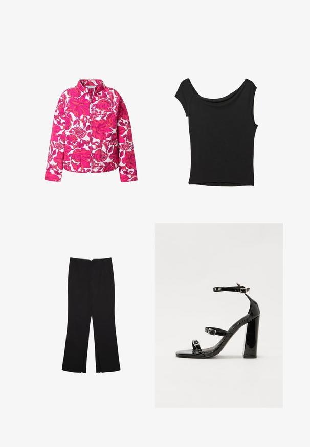 Blumige gesteppte Jacke mit Stehkragen und einem Reißverschluss vorne. Sie hat ein hellrosa und weißes Blumenmuster, zwei Fronttaschen und lange Ärmel.; Schwarzes Kurzarmoberteil aus glattem Stoff; hat einen drapierten Ausschnitt und einen asymmetrischen Saum, mit einem figurbetonten Körper.; Schwarze Hose mit geradem Schnitt, ausgestattet mit Fronttaschen und Seitenschlitzen am Saum. Hergestellt aus weichem, glattem Stoff. Geeignet für verschiedene Anlässe.; Schwarze patentierte Sandalen mit Absatz, quadratischer Spitze, Knöchelriemen und silbernen Schnallen. Mit einem stabilen Blockabsatz für mehr Stabilität.