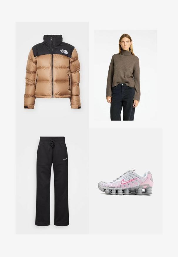 Pūkinė striukė su ruduo kūnu ir juodu viršumi, turinti užtrauktuką priekyje, aukštą apykaklę ir logotipą ant krūtinės; lygus audinys, siuvinėta tekstūra.; Rudas golfo megztinis su reljefine apdaila ir plačiomis rankovėmis, derinamas su tamsiomis aukšto liemens džinsais. Minkšta, tekstūruota mezgimo medžiaga.; Juodos medvilnės blend'o treninginės kelnės su raišteliu juosmens srityje, tiesiomis kojomis ir baltu Nike logotipu kairėje pusėje.; Baltas ir šviesiai rožinis Nike sportinis batelis. Savybės: tinklinė viršutinė dalis ir išskirtinė kreivi padas su matomu oro amortizatoriumi.