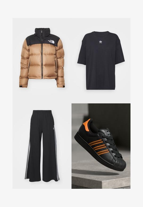 Puchová bunda s hnedým telom a čiernou hornou časťou, so zipsom vpredu, vysokým golierom a logom na hrudi; hladká tkanina, prešívaná textura.; Čierne bavlnené tričko s krátkymi rukávmi, okrúhlym výstrihom, na hrudi s bielym logom Adidas. Jednoduchý dizajn, voľný strih.; Čierne široké teplákové nohavice s elastickým pásom, so bielymi bočnými prúžkami a výšivkou loga na ľavom stehne.; Čierne tenisky s oranžovými akcentami, tromi horizontálnymi pruhmi, textúrovaným koženým zvrškom, gumovým ochranným vankúšikom na prstoch a čiernymi šnúrkami.