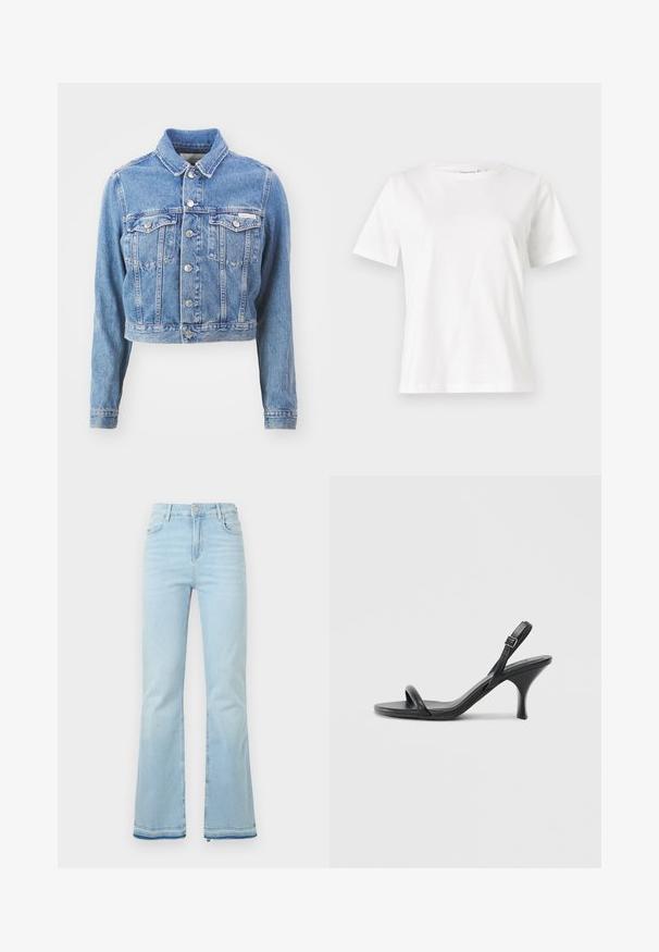 Avkortad jeanjacka i ljusblått. Har en spetsig krage, långa ärmar, knappstängning, två bröstfickor och metallknappar.; Vit bomullströja med korta ärmar, rund halsringning och en avslappnad passform. Slät textur, inga mönster eller detaljer, minimalistisk design.; Ljusblå utsvängda jeans i denim med hög midja, framfickor och rå kant vid bensluten för en avslappnad stil.; Svarta läder högklackade sandaler med en smal, böjd klack och ett korsat remdesign. Justerbar ankelrem. Slät textur.