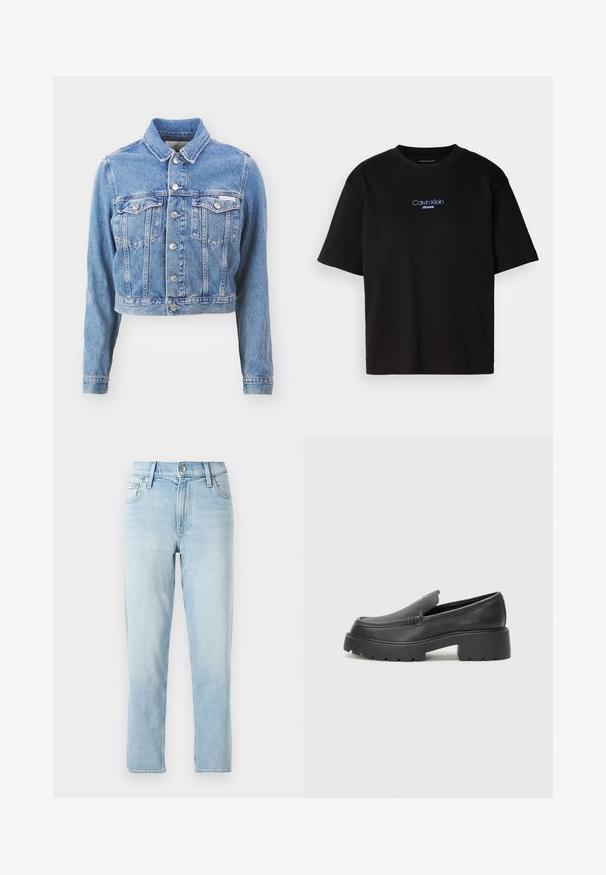 Lys blå avkortet denimjakke. Har spiss krage, lange ermer, knappestolpe, to brystlommer og metallknapper.; Sort bomull t-skjorte med rund hals, korte ermer, og blå brodert "Calvin Klein JEANS" logo på forsiden.; Lyseblå denimjeans, rett ben-design, midjehøyde, med fem lommer og en knappelukking foran.; Sorte skinnloafers med rund tå, tykk teksturert såle og minimale sømdetaljer. Strømlinjeformet design uten synlige snørebånd eller hardvarer.