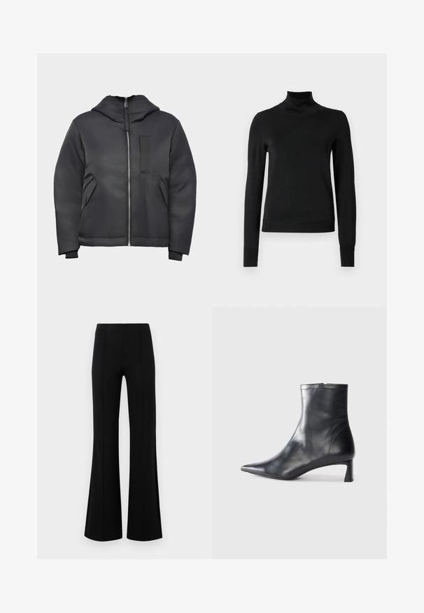 Must harjatud voodriga must jakk, millel on tõmblukk ees, eemaldatav kapuuts, küljetaskud ja tekstuuriga plaaster rinnal. Sile, mati viimistlusega.; Mustmusterta mustaga pikkade varrukatega kõrge kaelusega sviiter, millel on ribakudumisega mansetid ja äär, esitatud lihtsal valgel taustal.; Mustad põlvpüksid kõrge vöökohaga, valmistatud venivast kangast. Esiküljel on vertikaalsed õmblusdetailid ja sile tekstuur.; Mustad mustall nahkasaabas terava nina ja stiilse disainiga. Omab madalat konts ja luku sulgemist taga. Sile tekstuur.