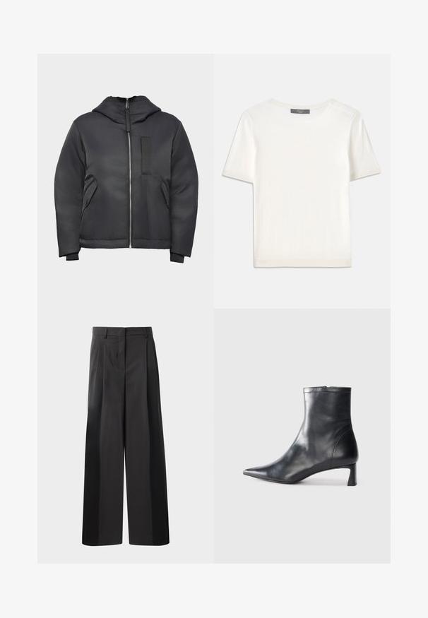 Geacă izolată neagră cu fermoar în față, glugă detașabilă, buzunare laterale și un ecuson texturat pe piept. Finisaj neted, mat.; Top tricotat alb cu mânecă scurtă, cu decolteu rotund, având o textură netedă și accente subtile cu nervuri la mâneci și la margine.; Pantaloni negri cu talie înaltă, cu picioare largi, având pliseuri frontale, o textură netedă și un finisaj croit. Concepuți pentru o croială relaxată.; Cizmă de gleznă din piele neagră cu vârf ascuțit și un design elegant. Dispune de un toc mic și de o închidere cu fermoar la spate. Textură netedă.