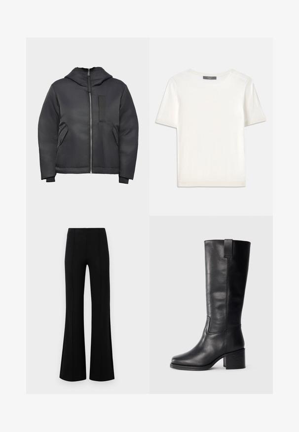 Fekete szigetelt dzseki cipzáros elülső résszel, levehető kapucnival, oldalsó zsebekkel és texturált folttal a mellkasán. Sima, matt felület.; Fehér, rövid ujjú kötött felső, kerek nyakkivágással, sima textúrával és diszkrét bordázott részletekkel az ujjain és az alján.; Fekete, flared nadrág magas derékkal, rugalmas anyagból készült. Elölnézetén függőleges varrásokkal rendelkezik, sima textúrával.; Fekete bőr, térd fölé érő csizmák sima textúrával, négyzetes orral, tömbsarkúval és oldalsó húzófüllel, minimális varrási részletekkel.