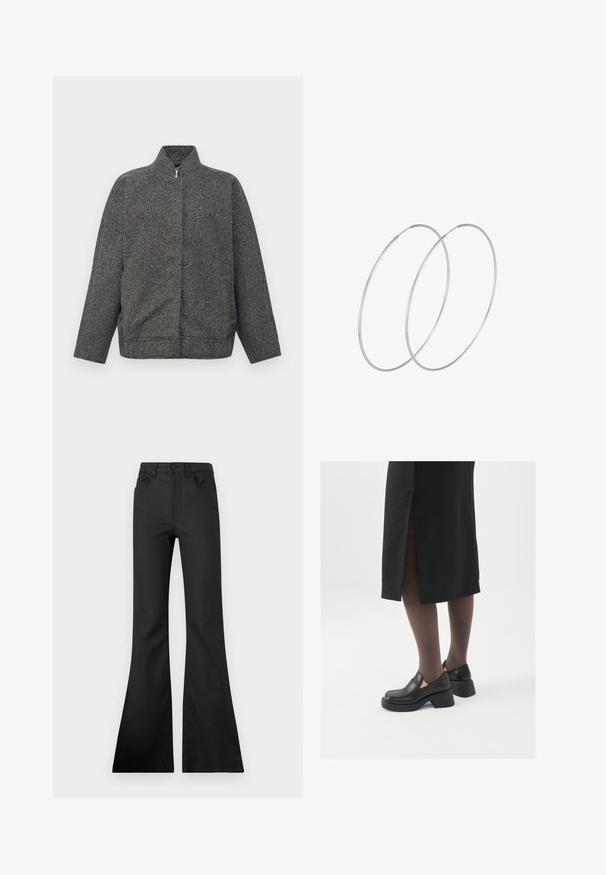 Gray zip-up jacket made from textured fabric; features a high collar and relaxed, oversized fit. Clean design with no visible embellishments.; Black bodysuit with long sleeves, featuring a mesh V-neckline and gathered shoulder detail. Smooth fabric with a fitted shape.; Black flared jeans with a mid-rise waist, made from smooth fabric. Features five pockets and visible stitching details.; Black leather shoes with a rounded toe, thick block heel, and elastic side accents, paired with dark tights and a black skirt with a slit.; Silver hoop earrings with a minimalist design. Circular shape, smooth texture, and thin profile. Lightweight with a polished finish.