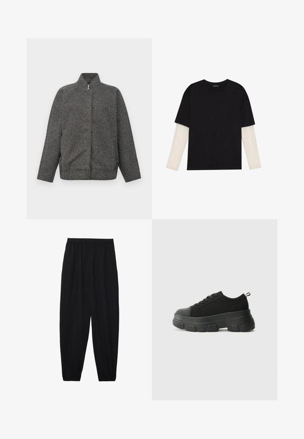 Graue Steppjacke mit Reißverschluss aus strukturiertem Stoff; verfügt über einen hohen Kragen und eine lockere, übergroße Passform. Schlichtes Design ohne sichtbare Verzierungen.; Schwarzes T-Shirt aus Baumwolle mit kurzen Ärmeln über einer weißen Langarmschicht, die ein dezentes strukturiertes Muster aufweist. Rundhalsausschnitt.; Schwarze, leichte Hosen mit einem elastischen Bund und gerafften Knöcheln. Der Stoff ist glatt und hat ein entspanntes, schmal zulaufendes Design.; Schwarze Sneakers mit einer dicken Gummisohle, strukturiertem Obermaterial, runder Zehenpartie und Schnürdesign. Verfügt über verstärkte Ösen und eine Schlaufe an der Rückseite.