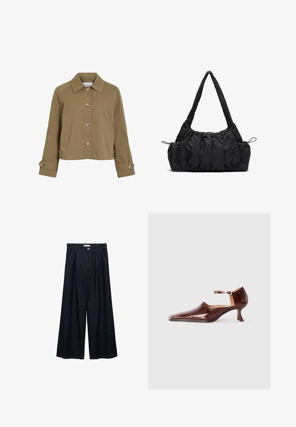 Svetlozeleni kratki plašč z ravnim krojem, ovratnikom, šestimi gumbi, stranskimi žepi in zvitimi manšetami z gumbnimi detajli. Gladka tekstura, lahka tkanina.; Sivi dolgih rokavov s krožnim ovratnikom, ki ima bel rob na ovratniku in manšetah. Narejen iz mehkega, teksturiranega materiala.; Temno jeans hlače širšega kroja z visokim pasom, ki imajo sprednje zapiranje na gumb, dve stranski žepu in detajle v šivanju.; Burgundska lakirana čevlja s ostrim nosom, trakovi okoli gležnja in 5 cm koničastim petam. Gladka tekstura in minimalistična zasnova.; Črna tkanina torbica z nabranim teksturo, dvema naramnicama in zategovanjem na straneh. Gladek, lahkoten material.