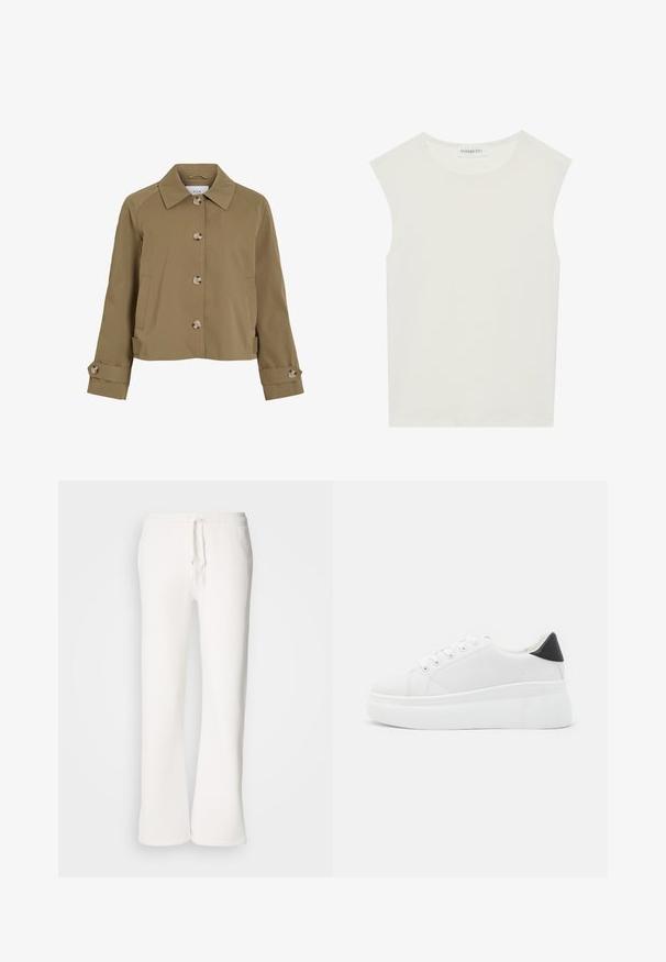 Casaco curto bege de corte reto, com gola, seis botões, bolsos laterais e punhos à volta com detalhes em botão. Textura suave, tecido leve.; Top branco sem mangas com decote redondo. Feito de um tecido liso, apresenta um corte descontraído e um design minimalista. Sem padrões ou detalhes.; Calças de fato brancas, de corte descontraído, feitas de um tecido macio, com um cós elástico e um cordão de ajuste, apresentando um design de pernas retas.; Tênis plataforma brancos feitos de material sintético suave, apresentando ponta arredondada, design com cadarços e sola de borracha texturizada. Acento preto no calcanhar.