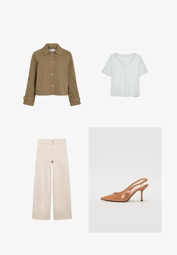 Khaki krátka bunda s rovnými líniami, golierom, šiestimi gombíkmi, postrannými vreckami a zrolovanými manžetami s akcentami gombíkov. Hladká textúra, ľahká látka.; Svetlošedé tričko s krátkymi rukávmi a výstrihom do V, vyrobené z mäkkého materiálu; má uvoľnený strih a čisté stehy bez vzorov.; Beige široké džínsy s vysokým pásom, s gombíkovým zapínaním, prednými vreckami a rozstrapkaným lemom. Vyrobené z denimu.; Sandal s úzkym podpätkom a špicatou špičkou v hladkej lesklej hnedej materiáli. Obsahuje zakrivený výrez a štíhly ihlový podpätok. Strieborný prackový detail.