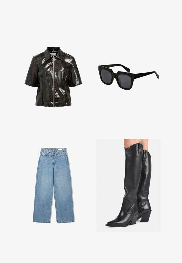 Gekürzte schwarze Jacke aus Schlangenlederimitat mit kurzen Ärmeln und einem Frontreißverschluss. Besitzt einen klassischen Kragen und eine glänzende Oberfläche.; Weißes T-Shirt mit kurzen Ärmeln und Rundhalsausschnitt, aus Baumwollmaterial gefertigt, mit taillierter Silhouette und einem schwarzen Markenlabel im Kragen.; Hellblaue weite Jeans aus Denim, mit hoher Taille, fünf Taschen, Knopfverschluss und dezentem Verblassen für Textur.; Schwarze, knielange Lederstiefel mit spitzem Zeh, gebogenem Schaft und blockiertem Absatz. Sie verfügen über eine glatte Textur und Zuglaschen an der Oberseite.; Schwarze rechteckige Sonnenbrillen mit dicken Kunststoffrahmen und dunklen Gläsern. Die Bügel sind elegant mit einer glänzenden Oberfläche und minimalistischer Markenkennzeichnung.; Beige Stofftasche mit braunen gemusterten Akzenten. Sie hat eine geschwungene Form, einen einzelnen Tragegurt und ein Logo-Schild an der Vorderseite mit silberner Hardware.