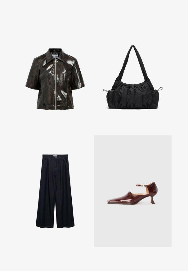 Skrajšana jakna iz umetnega usnja s črnim vzorcem kače, s kratkimi rokavi in sprednjim zadrgo. Ima klasičen ovratnik in sijočo teksturo.; Sivi dolgih rokavov s krožnim ovratnikom, ki ima bel rob na ovratniku in manšetah. Narejen iz mehkega, teksturiranega materiala.; Temno jeans hlače širšega kroja z visokim pasom, ki imajo sprednje zapiranje na gumb, dve stranski žepu in detajle v šivanju.; Burgundska lakirana čevlja s ostrim nosom, trakovi okoli gležnja in 5 cm koničastim petam. Gladka tekstura in minimalistična zasnova.; Črna tkanina torbica z nabranim teksturo, dvema naramnicama in zategovanjem na straneh. Gladek, lahkoten material.