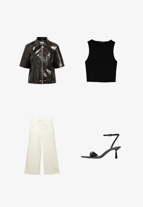 Gekürzte schwarze Jacke aus Schlangenlederimitat mit kurzen Ärmeln und einem Frontreißverschluss. Besitzt einen klassischen Kragen und eine glänzende Oberfläche.; Schwarzes ärmelloses Crop-Top aus glattem Stoff, mit rundem Ausschnitt und einem klaren, schlichten Design ohne Muster oder Beschläge.; Weit geschnittene Hose aus weichem, cremefarbenem Stoff. Mit flachem Bund und aufgeschlagenen Säumen. Glatte Textur mit einem klaren, minimalistischen Design.; Bershka High Heel Sandalette - black